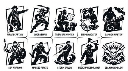 Fototapeta premium Pirate Crew Badges and Sea King Emblem Vector Shield Set