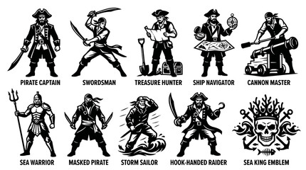 Fototapeta premium Pirate Characters and Sea King Emblem Vector Illustration Set