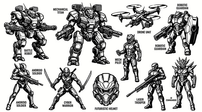 Sci-Fi Military Robots and Cybernetic Infantry Silhouette Icons