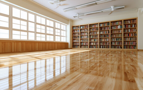 Bright empty library interior features wall of bookshelves filled with books. Large windows allow natural light to illuminate polished wood floors and ceiling fans