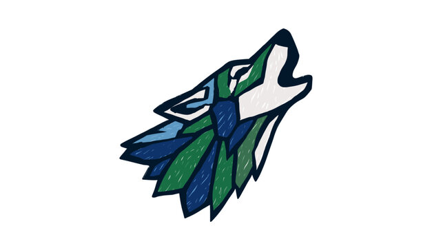 Stylized geometric wolf head howling illustration with blue and green polygonal shapes on a white background, wild animal graphic design.
