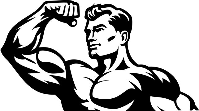 Muscular man flexing bicep, strong bodybuilder showing arm muscles, fitness and strength concept vector illustration.