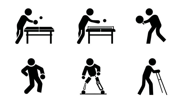 Stick Figures: Sports Activities (Table Tennis, Ball Sports), Disability (Prosthetic Leg, Crutches), Physical Injury & Inclusion Icons Set