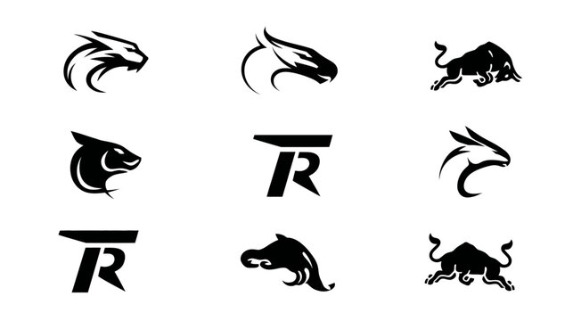 Set of black and white vector logos featuring powerful animal icons like a bull, dragon, lion, and stylized letter R monograms for modern design