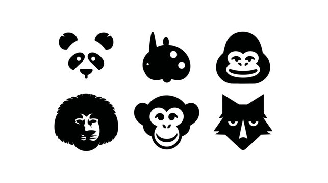 Set of black and white minimalist animal head icons including panda, gorilla, lion, monkey, fox, and abstract creature silhouettes