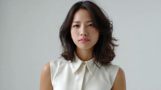 Portrait of a Young Woman: A young Asian woman with stylish wavy dark hair and a thoughtful expression, wearing a crisp white collared shirt. Her gaze is direct and engaging.