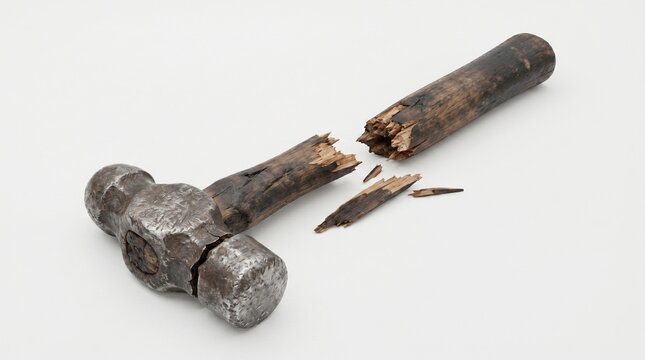 Old broken ball-peen hammer with a snapped wooden handle on a white background.