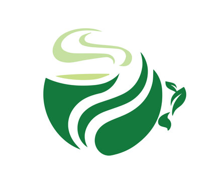 A cup of hot tea crafted from lush green leaves, releasing fragrant steam