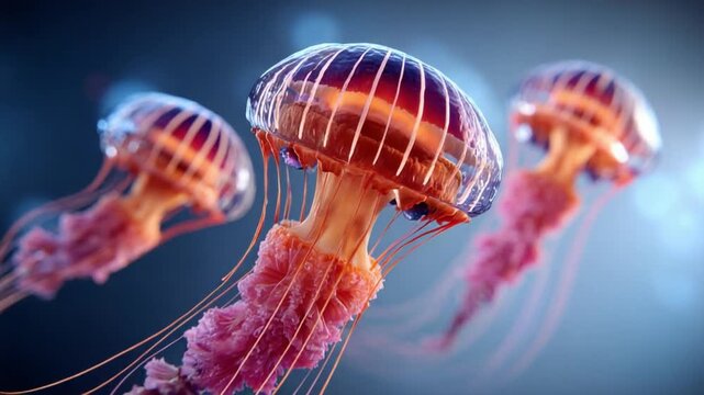 Jellyfish Trio in Deep Blue: Three vibrant jellyfish drift gracefully in the deep blue ocean, their translucent bodies and trailing tentacles creating an ethereal underwater spectacle.