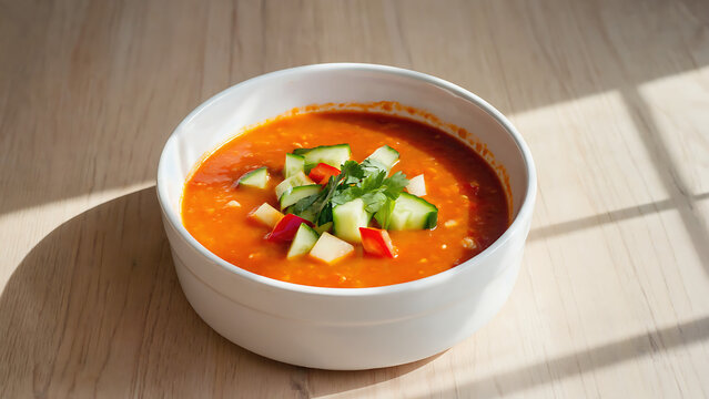 Delicious gazpacho soup in a white bowl topped with diced cucumber