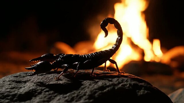 Silhouetted Scorpion Against Glowing Campfire Light In A Dark Outdoor Setting Highlighting Wilderness And Nature