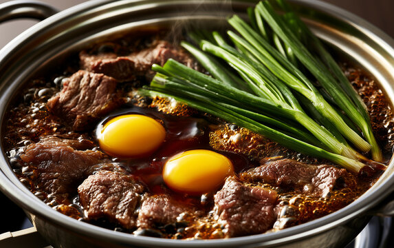 Close-up of Japanese hot pot with raw beef slices and two whole eggs in simmering broth. Green scallions add color to this Asian comfort food dish