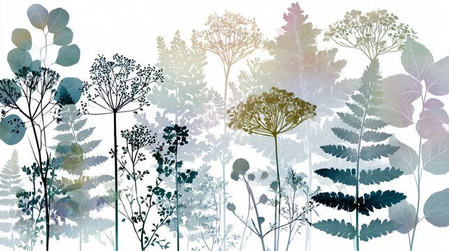 Botanical Silhouette Overlay with Varied Leaf Sizes Isolated