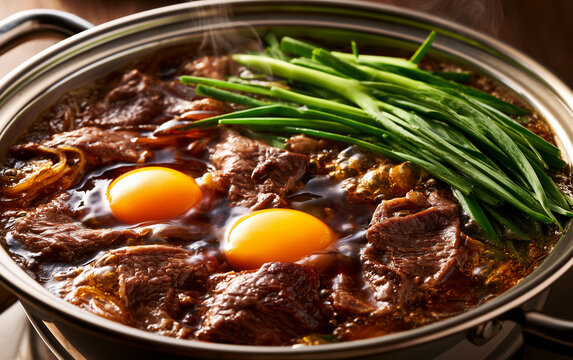 Close-up of Japanese hot pot with raw beef slices and two whole eggs in simmering broth. Green scallions add color to this Asian comfort food dish