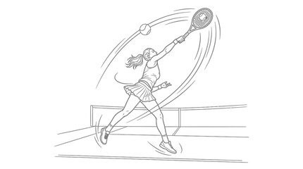 Fototapeta premium Woman playing tennis, hitting serve over head, dynamic action line drawing, sport illustration.
