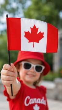 Happy child holding Canadian flag, joyful celebration of national pride, girl wearing red hat and sunglasses, outdoor summer festivity, patriotic spirit, Maple Leaf emblem, Canada Day festivities