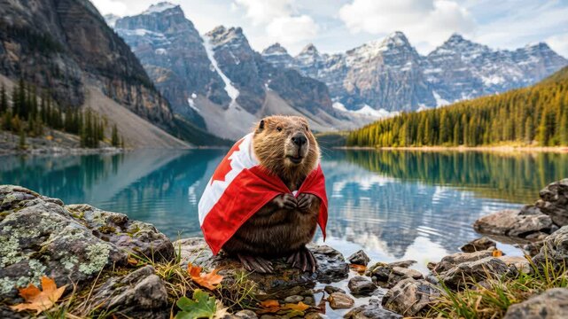 Beaver wrapped in Canadian flag with scenic mountain lake backdrop, symbolizing Canada Day celebration, wildlife patriotism, national pride, majestic landscape nature