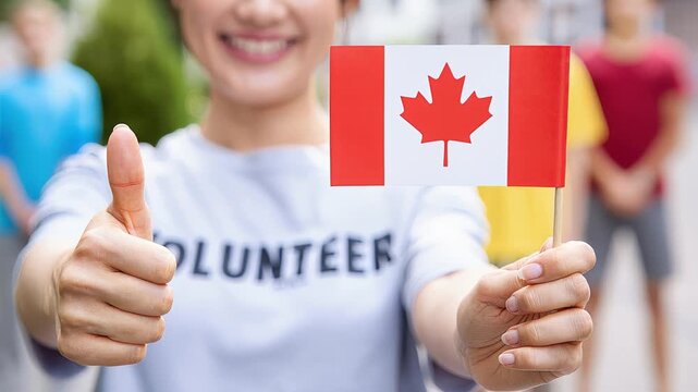 Canadian flag held by a volunteer with thumbs up gesture, national pride expression, outdoor event participation, community involvement, patriotic celebration, public gathering festive atmosphere