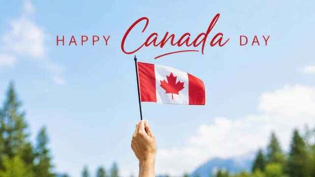 Canada Day celebration with hand waving Canadian flag, patriotic holiday event outdoors, blue sky and maple leaf symbolizing national pride, July first festivities, red and white colors