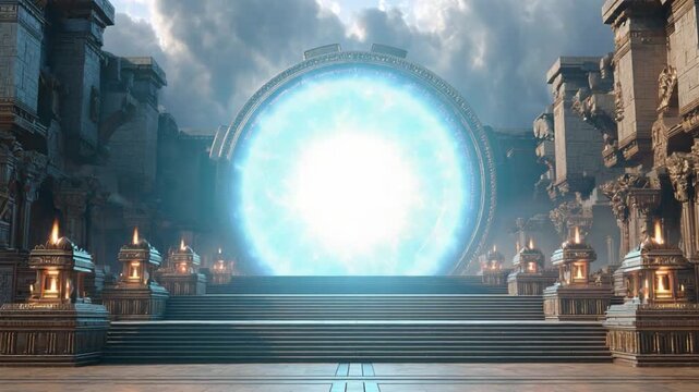 Mystical Portal: An ethereal, glowing blue portal beckons travelers amidst ancient stone ruins, casting an otherworldly light on the atmospheric surroundings.