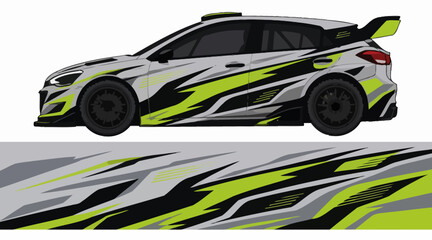 Fototapeta premium White rally car with green and black racing decals.