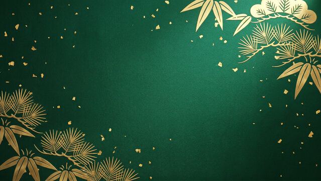 Deep emerald green silk background with golden japanese sho chiku bai bamboo and pine frame corners and gold leaf flakes Toward prosperity Perfect for greeting card holiday banner