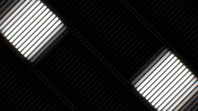 Abstract dynamic background with glowing white diagonal neon lines in staggered geometric blocks, futuristic LED light tube motion graphic on dark backdrop.