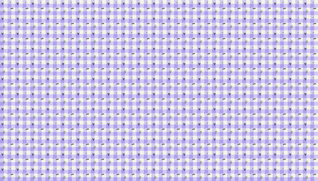 Seamless gingham pattern with blueberries and leaves in lavender tones