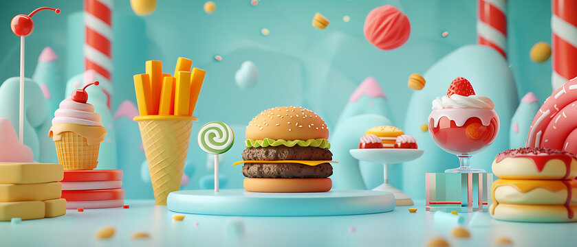 3D soft pastel fast food and dessert abundant showcase display with copy space for summer kids party posters restaurant banners and creative commercial packaging templates
