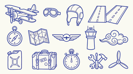 Collection of aviation and travel related icons and illustrations in a doodle style. © zainab