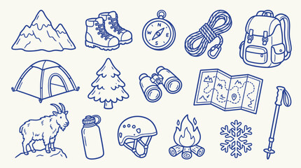 Collection of hand-drawn outdoor adventure and hiking equipment icons, perfect for travel and exploration themes. © zainab