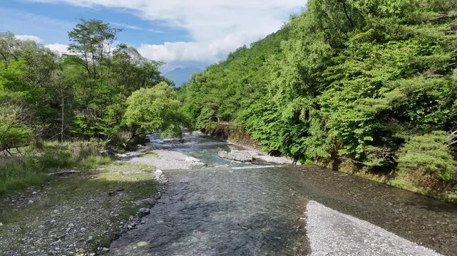 Clear stream rushes over smooth stones. Lush green trees line both sides of the water. Sky shows blue patches and soft clouds. Riverbanks hold moss and wild grass
