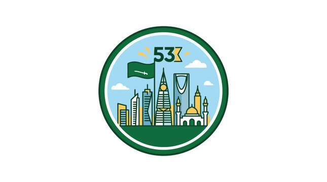 Saudi National Day Celebration Emblem with Riyadh Skyline and Flag