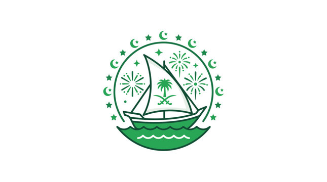 Saudi National Day Celebration Icon with Traditional Dhow Ship and Saudi Emblem