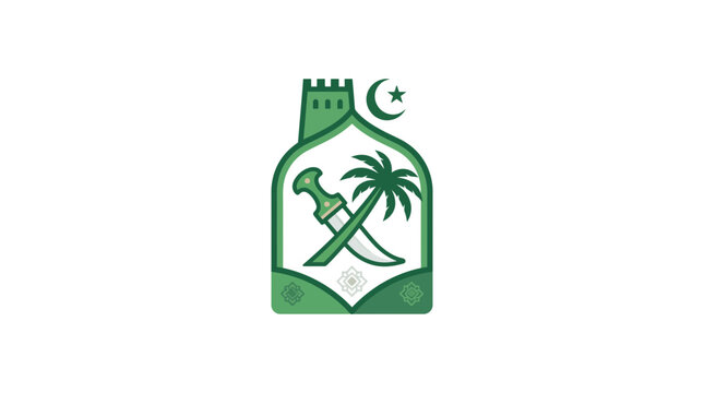 Saudi National Day emblem with traditional khanjar dagger, palm tree, and fort icon