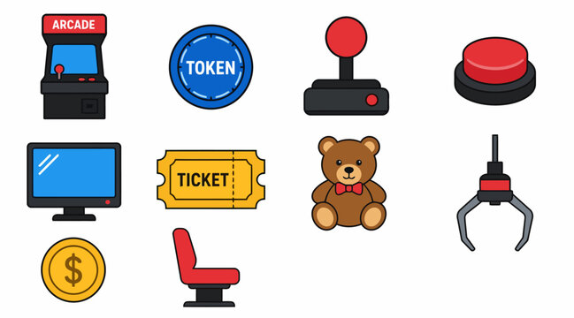 Colorful arcade and gaming icons collection.