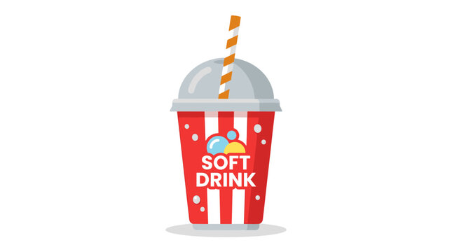 A Refreshing Treat: A vibrant red and white striped cup filled with a fizzy soft drink, topped with a dome lid and a colorful striped straw, perfect for a hot day.