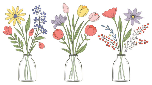 Assorted hand drawn flower arrangements in clear jars set.