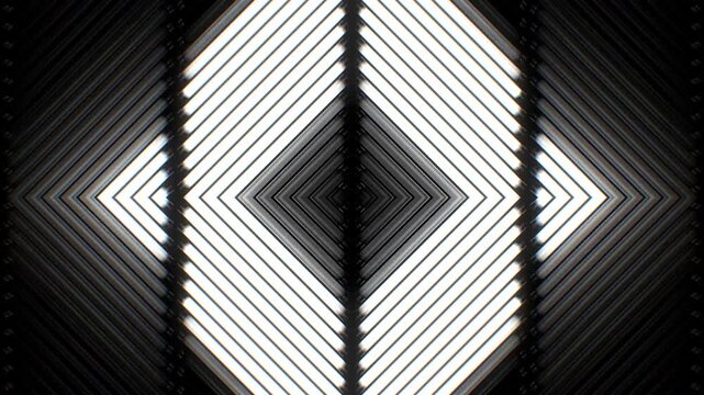 Abstract geometric background with glowing white neon lines forming nested diamond shapes, futuristic optical illusion motion graphic tunnel backdrop.