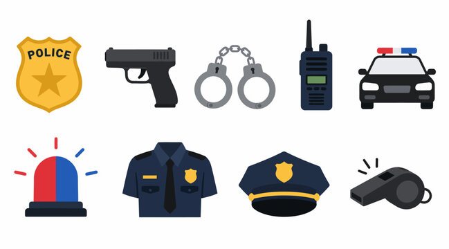 Flat Design Police Equipment and Uniform Icons Set.