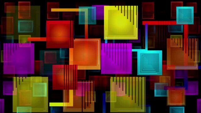 Abstract colorful overlapping translucent geometric squares on dark background, vibrant neon retro motion graphic backdrop.