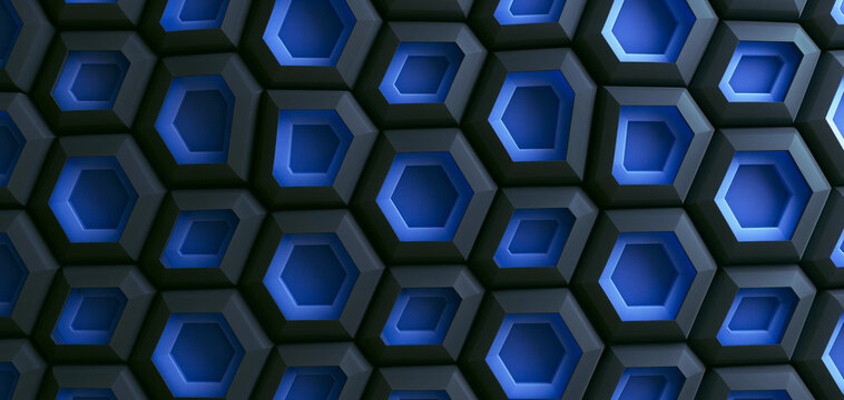 Blue glowing 3d hexagon neomorphic pattern abstract surface