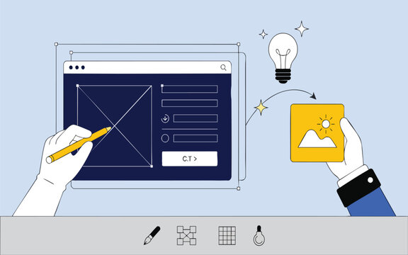 Digital Web Design Process Vector: UI/UX Prototyping, Wireframe and Creative Idea