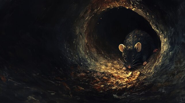 Small rodent within a dark, natural burrow