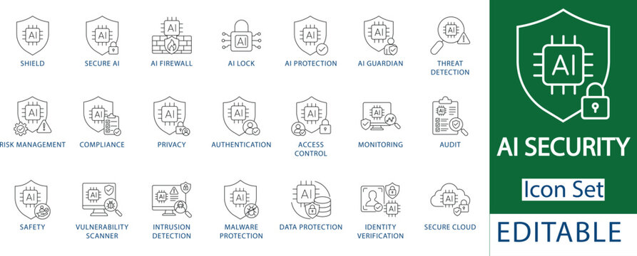 ai security and machine learning protection line icon set featuring ai firewall, threat detection, data privacy, vulnerability scanner, and secure cloud interface icons.