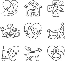 Fototapeta premium Collection of linear pet care icons depicting adoption feeding walking veterinary services grooming and love for domestic animal welfare and rescue organizations.