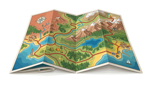 Traveler unfolds a colorful map showing routes through a scenic landscape