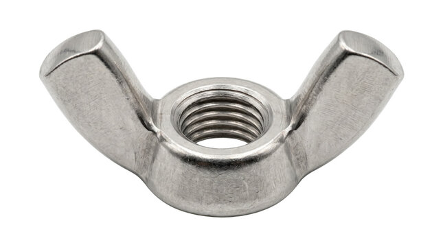 Stainless steel wing nut isolated on white background, industrial metal butterfly nut fastener, chrome hardware component for manual tightening