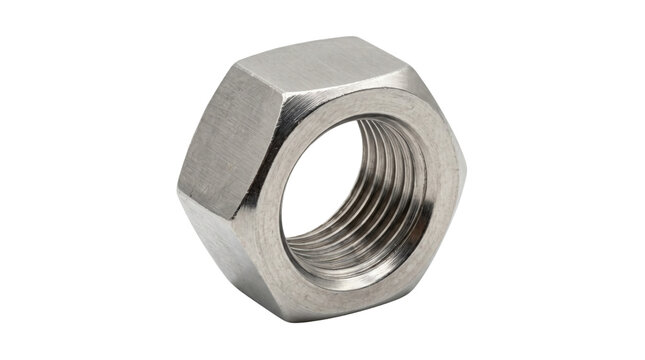 Industrial stainless steel hex nut, metallic fastener with internal screw thread, silver hexagonal bolt nut isolated on white background for construction