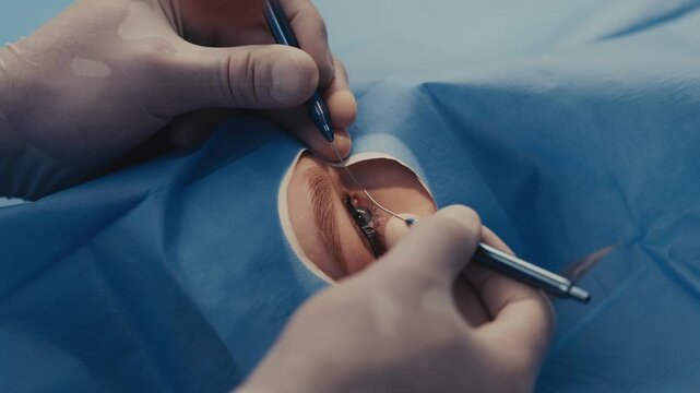 Surgical procedure on eye condition with gloved hands using precision instruments, blue surgical drape covering the patient, focused on delicate eye area during operation